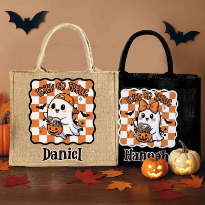 Personalized Cute Spooky Ghost & Pumpkin Checkered Tote Bag with Name, Large Capacity Jute/Linen Trick or Treat Handbag, Halloween Gift for Kids/Teens