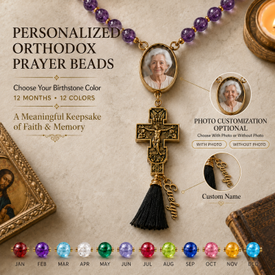 Personalized Orthodox Prayer Beads with Name & Birthstone & Photo, Byzantine Cross Prayer Rope, Baptism/Christmas Gift for Men/Women