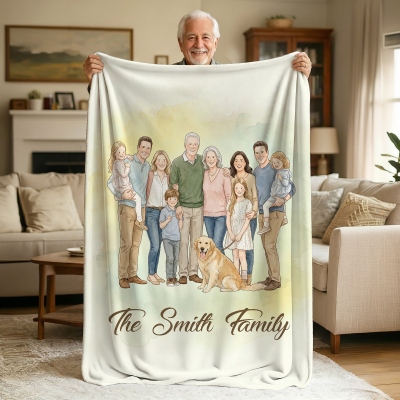 Personalized Warm Watercolor Family Portraits Soft Throw Blanket with Text, Home Decor, Anniversary/Birthday Gift for Family/Friends
