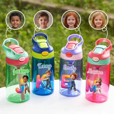 Custom Name & Photo 3D Cartoon Character Rainbow Alphabet Water Bottle, 16oz Cup with Silicone Straw & Handle, Birthday/Back to School Gift for Kids