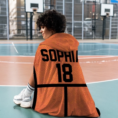 Personalized 1-4 Photos Basketball Soft Hooded Blanket with Name and Number Game Day Birthday Gift for Son Daughter Sports Lovers