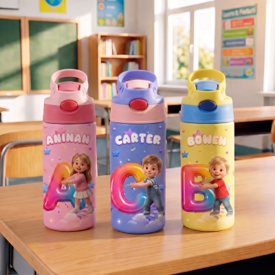 Personalized Name & Photo 3D Cartoon Character Rainbow Alphabet Water Bottle, Stainless Steel 12oz Tumbler with Straw & Lid, Birthday Gift for Kids