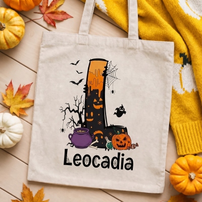 Custom Kids Halloween Candy Canvas Tote Bag with Name & Initial, Spooky Trick‑or‑Treat Goodie Bag, Party Accessory, Halloween Gift for Kids/Girls/Boys