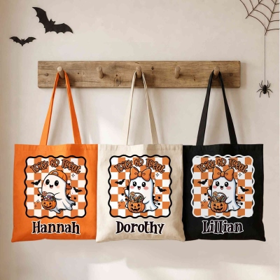 Personalized Cute Spooky Ghost & Pumpkin Checkered Tote Bag with Name, Large Capacity Canvas Trick or Treat Handbag, Halloween Gift for Kids/Teens