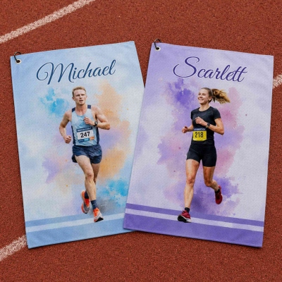 Anpassad sporthandduk med namn och foto i maratonstil, mikrofiberhandduk med karbinhake, present till löpare/idrottare/maratonälskare