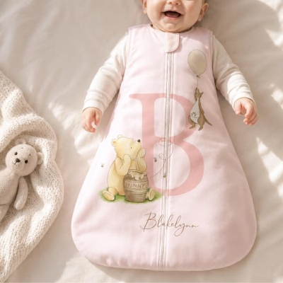 Personalized Winnie the Pooh Baby Wearable Blanket with Name, Sleeveless Zipper Sleep Sack, Baby Shower Keepsake, Gift for Newborn/Infant/New Parents