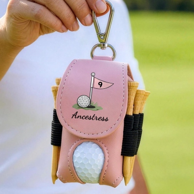 Personalized Name Golf Pin Flag Design Golf Ball & Tee Holder Bag, PU Leather Storage Pouch with Belt Clip, Gift for Golf Lovers/Players/Coaches