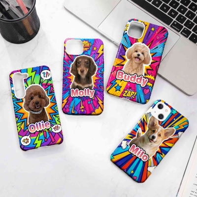 Personalized Pet Photo Colorful Pop Art Phone Case with Name, Double Layer Phone Case for iPhone/Samsung, Birthday/Memorial Gift for Pet Parents
