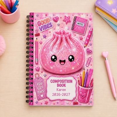 Personalized Kawaii Glitter Dumpling Squishy Spiral Notebook with Name, A5 Composition Book, Back to School/Birthday Gift for Girls/Kids/Teachers