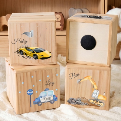 Personalized Cartoon Vehicle Design Cube Piggy Bank with Name, Wooden Money Box, Room Decor, Children’s Day/Birthday Gift for Kids/Boys