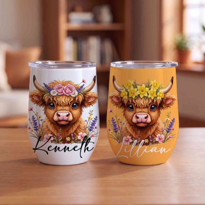 Custom Name Birth Flower Highland Cow Wine Tumbler with Lid, Stainless Steel 12oz Insulated Cup, Birthday Gift for Highland Cow Lovers/Women/Girls