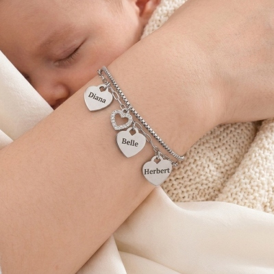 Custom Name Bracelet with 1-6 Heart Charms, Double Chain Bracelet, Family Jewelry, Mother's Day/Anniversary/Birthday Gift for Mom/Grandma/Family/Her