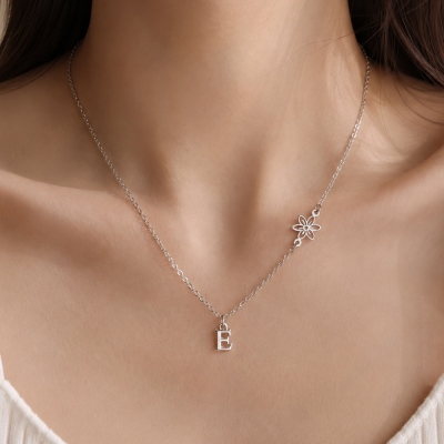 Custom Birth Flower Necklace with Initial, Sterling Silver 925 Dainty Letter Pendant, Daily Wear Jewelry, Anniversary Gift for Her/Women/Girlfriends