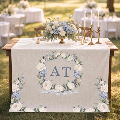 Personalized Monogram Floral Crest Wedding Table Runner with Date, Minimalist Linen Tablecloth, Engagement/Wedding Gift for Couple/Newlyweds