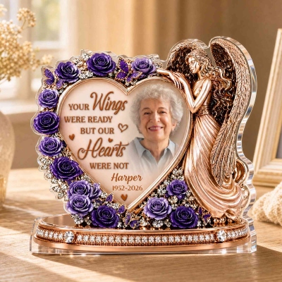 Personalized Heart Photo Purple Rose Angel Acrylic Plaque with Name & Year, Desk Decor, Grief Keepsake, Sympathy/Memorial Gift for Family/Friends
