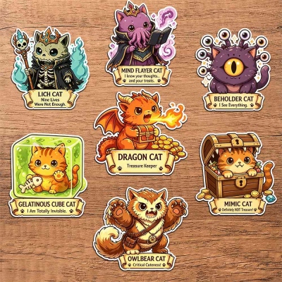 DND Meownster Monster Cat Sticker Pack, 7‑Pcs Waterproof Vinyl TRPG Decals, Cute Cat Stickers for Character Sheet, Journal, Dice Box, Laptop, Water Bottle