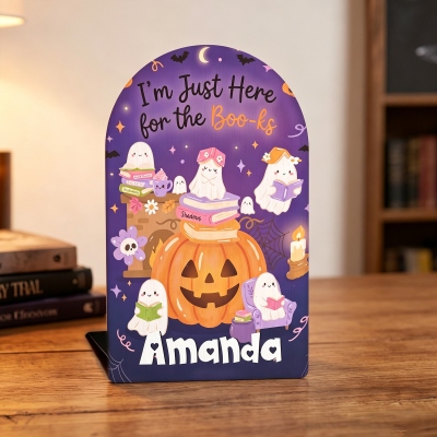 Personalized Cute Reading Ghost 1 Pair Wooden Bookends with Name, Book Shelf Organizers, Halloween Gifts for Children/Students/Book Lovers