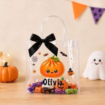 Personalized Name Cute Cartoon Spooky Dumpling Gift Bag with Black Bow Ribbon, PVC Transparent Trick or Treat Handbag, Halloween Gift for Kids/Teens