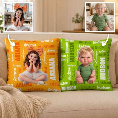 Personalized Cartoon Character Photo Design Multicolor Throw Pillow Cover with Name, Home Decor, Baby Shower/Birthday Gift for Kids/Boys/Girls