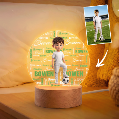 Personalized Cartoon Photo Word Cloud Acrylic LED Night Light with Name and Wooden Base, Nursery Room Decor, Birthday Gift for Kids/Boys/Girls