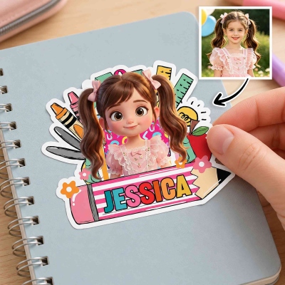 Personalized Cartoon Photo Pencil Waterproof Sticker Label with Name, Back to School/Birthday Gift for Kids