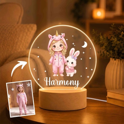 Personalized Cute Animal Cartoon Style Kid Photo Acrylic LED Night Light with Name and Wooden Base, Nursery Decor, Christmas/Birthday Gift for Kids