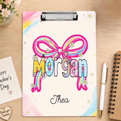 Custom Name Rainbow Bow Daisy Colorful Letters Acrylic Clipboard, Classroom Office Supplies, Appreciation/Back to School Gift for Female Teachers