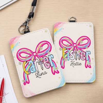 Personalized Name Coquette Bow Daisy Colorful Pencil Letters ID Badge Holder with Lanyard, PU Leather Card Holder, Back to School Gift for Teachers