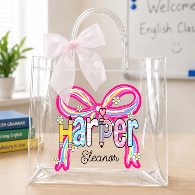 Custom Name Coquette Bow Daisy Colorful Pencil Letters Gift Bag with Bow Ribbon, PVC Clear Handbag, Appreciation/Back to School Gift for Teachers