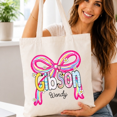 Custom Name Coquette Bow Daisy Colorful Pencil Letters Tote Bag, Teacher’s Canvas Handbag, Appreciation/Birthday/Back to School Gift for Teachers