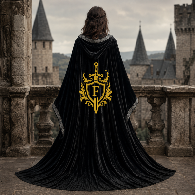 Custom Initial Embroidered Full‑Length Velvet Hooded Robe, Medieval Fantasy Mage Cloak, Renfest Cosplay Outfit, Halloween Wizard Costume Gift