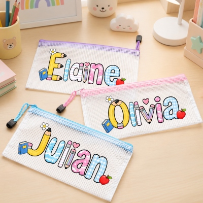 Personalized Name Apple Colorful Letters Mesh Pencil Pouch with Zipper, Waterproof Clear Stationery Storage Bag, Back to School Gift for Students