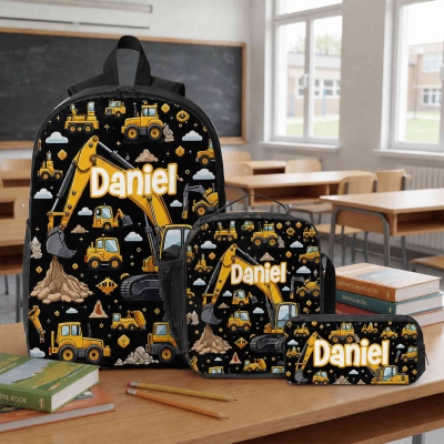Custom Name Construction Excavator Truck Backpack Set, Waterproof Lightweight School Bag with Lunch Bag & Pencil Case, Back to School Gift for Boys