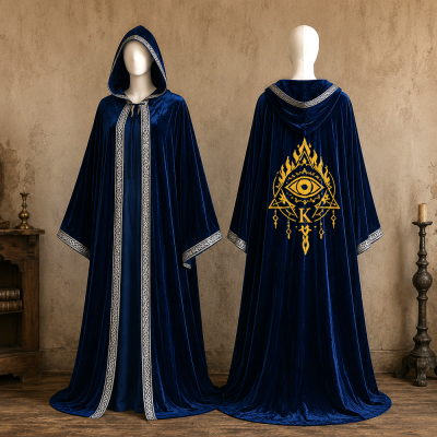 Custom Initial Printed Full‑Length Velvet Hooded Robe, Medieval Fantasy Mage Cloak, Renfest Cosplay Outfit, Halloween Wizard Costume Gift