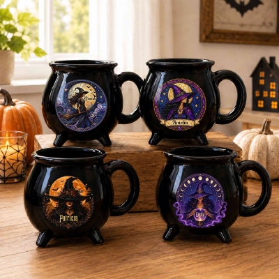 Personalized Witch & Moon Cauldron Shaped Mug with Name, 13oz Ceramic Coffee Tea Mug, Autumn Festive Gothic Drinkware, Halloween Gift for Women/Girls