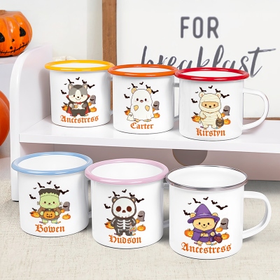 Personalized Name Cartoon Spooky Bear Enamel Mug, 12oz Shatterproof Cup with Handle, Trick-or-Treat Mug, Birthday/Halloween Gift for Kids/Children