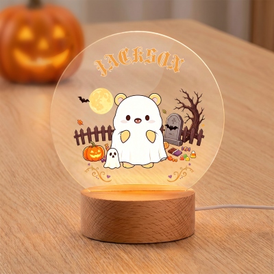 Personalized Cartoon Spooky Bear LED Night Light with Name, Acrylic Night Lamp with Wooden Base, Home Decor, Birthday/Halloween Gift for Kids/Children