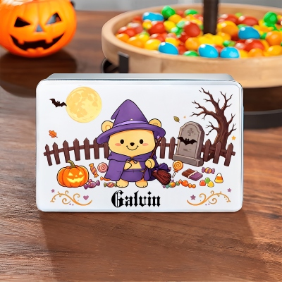 Personalized Name Cartoon Spooky Bear & Pumpkin Treat Tin with Lid, Tinplate Container, Trick or Treat Candy Box, Halloween Party Favor, Gift for Kids