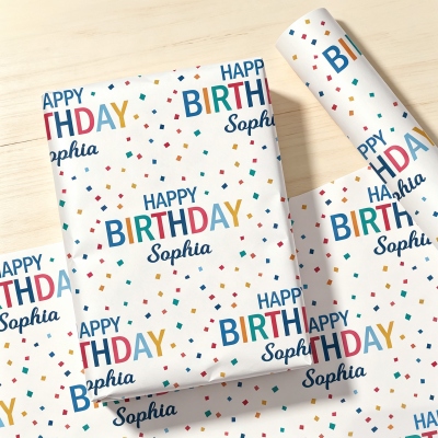 Personalized Name Colorful Confetti Happy Birthday Wrapping Papers (Set of 3), A3/A2/Standard Gift Wraps, Birthday Gifts for Kids/Family/Friends
