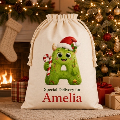 Personalized Santa Sack with Name & Monster‑Style Initial, Reusable Drawstring Xmas Sack, Holiday Storage Bag, Christmas Gift for Kids/Family