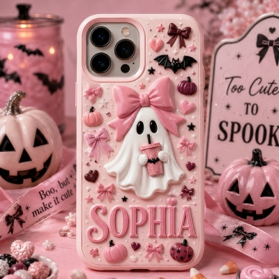 Personalized 3D Pink Cute Ghost Phone Case with Name, Adorable Phone Cover for iPhone Samsung Galaxy Google Pixel, Halloween Gift for Girls and Women