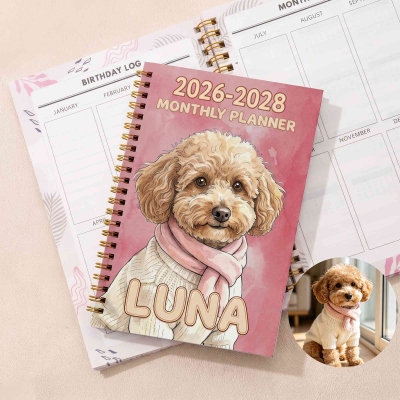 Custom Name Watercolor Pet Portrait Planner 2026-2028, A5 Spiral Notebook with Monthly Planning Pages, Birthday/Memorial Gift for Pet Lovers/Owners