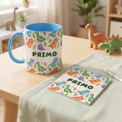 Personalized Name Colorful 3D Effect Dinosaurs Mug, 11oz/15oz Two Tone Ceramic Mug with Coaster, Back to School/Birthday Gift for Kids/Dinosaur Lovers