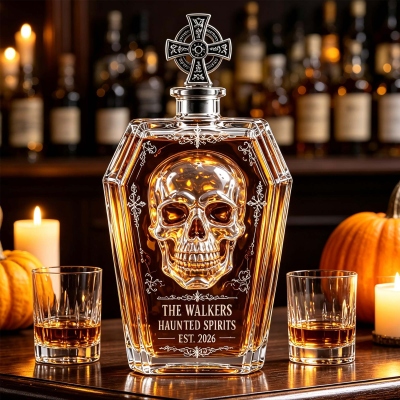 Personalized Coffin Whiskey Decanter with Text & Date, Gothic Skull Glass Liquor Bottle, Cross Stopper, Halloween Bar Decor, Gift for Friends