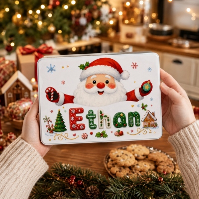 Personalized Christmas Cookie Tin with Name, Santa Reindeer Snowman Gingerbread Design Reusable Metal Treat Box, Christmas Gift for Kids/Family