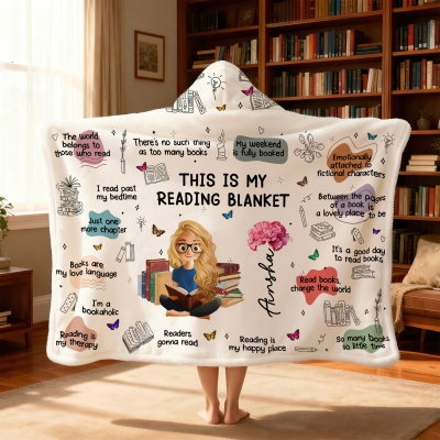 Personalized Book Lovers Blanket with Name & Birth Flower, Books Quotes Blanket Hoodie, Birthday/Christmas Gift for Bookworm/Book Lovers/Friends