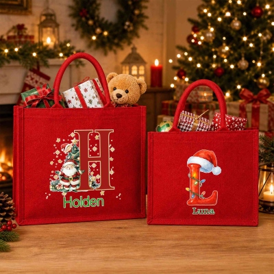 Custom Name Gingham/Santa/Hat & Lights Alphabet Christmas Tote Bag, Large Capacity Red Jute Bag, Holiday Party Favor, Christmas Gift for Kids/Family