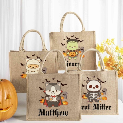 Personalized Cartoon Spooky Bear & Pumpkins Tote Bag with Name, Large Capacity Jute Trick-or-Treat Handbag, Halloween Gift for Kids/Boys/Girls