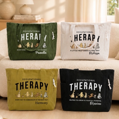 Personalized Name Occupational Therapist Tote Bag, Corduroy Large Capacity Cartoon Print Shoulder Bag, Appreciation Gift for Therapist/Women/Friends