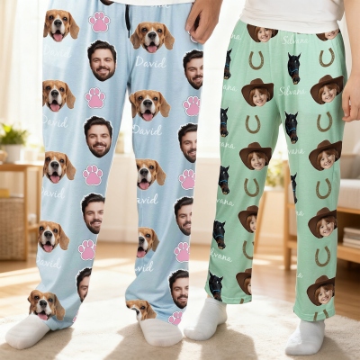 Personalized Pet & Owner Portraits Horseshoe/Carrot/Paw Print Pajama Pants with Name, Unisex Lounge Pants, Birthday Gift for Pet Parents/Horse Lovers